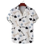 Men\'s summer Cuban collar short-sleeved shirt cat eating fish print men\'s shirt comfortable and breathable 4