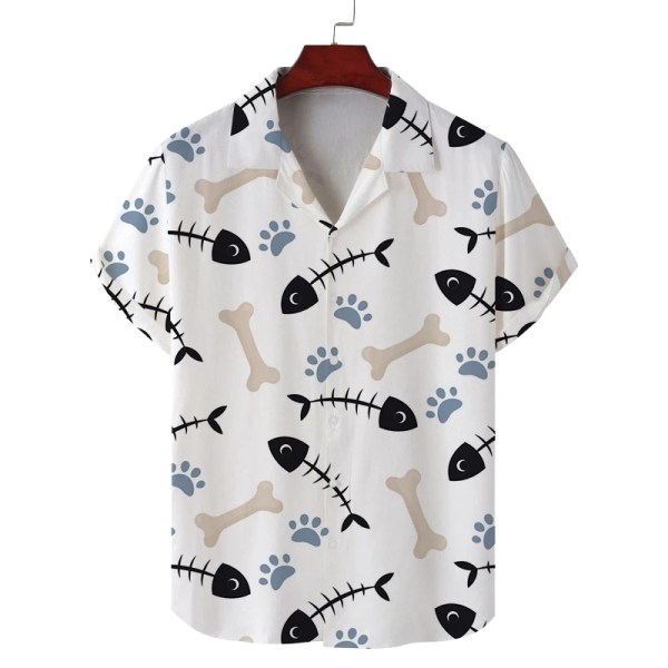 Men\'s summer Cuban collar short-sleeved shirt cat eating fish print men\'s shirt comfortable and breathable 4