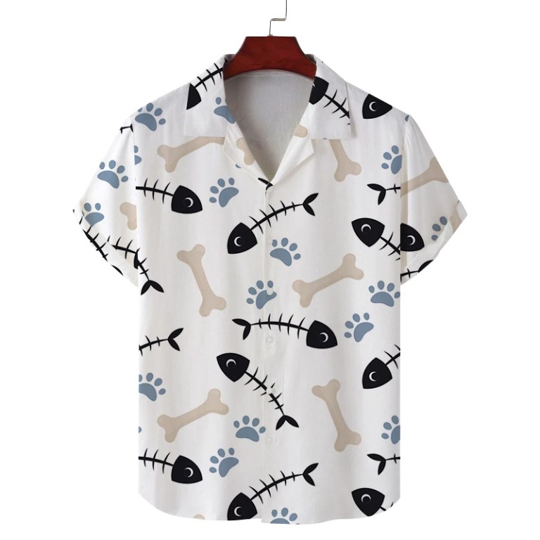 Men\'s summer Cuban collar short-sleeved shirt cat eating fish print men\'s shirt comfortable and breathable 4
