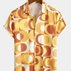 Mens Summer Retro Button Down Vintage Orange 70s Geometric Disco Summer Beach Cool Short Sleeve Shirt