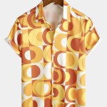 Mens Summer Retro Button Down Vintage Orange 70s Geometric Disco Summer Beach Cool Short Sleeve Shirt