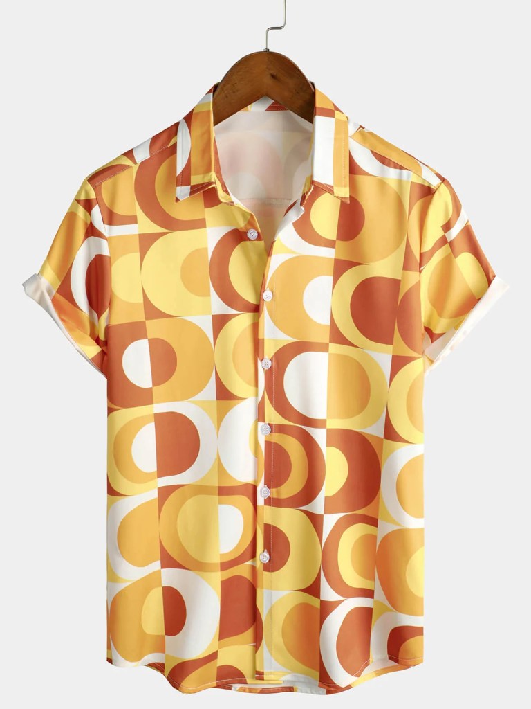 Mens Summer Retro Button Down Vintage Orange 70s Geometric Disco Summer Beach Cool Short Sleeve Shirt