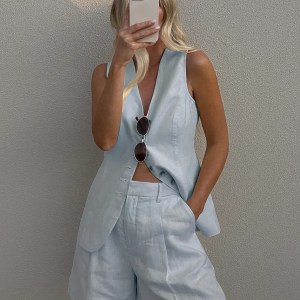 Bornlads Cotton And linen Chic Casual Vest Shorts Set Women\'s Summer New Fashion Commuter Sleeveless Tank Top Shorts Suits 6