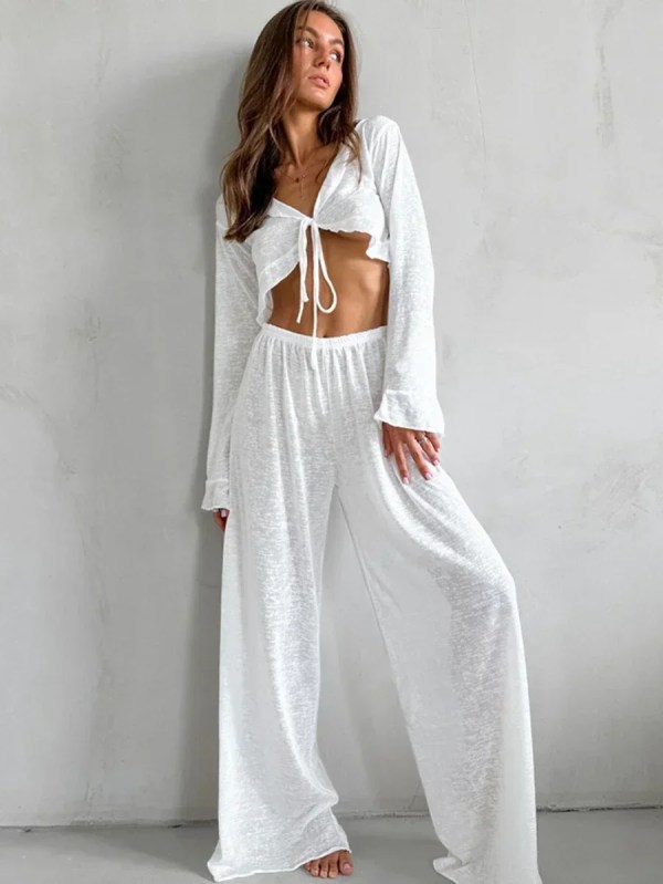 bornladies women's summer lace up loose casual long sleeved pants set fashion home clothes sexy solid color basic pajamas set Bornladies Women\'s Summer Lace Up Loose Casual Long Sleeved Pants Set Fashion Home Clothes Sexy Solid Color Basic Pajamas Set 4