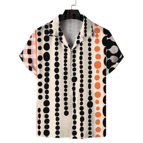 Men\'s summer Cuban collar short-sleeved shirt with polka dot prints, lively, sunny, casual, comfortable and versatile