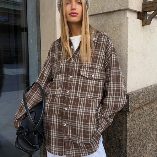 Bornladies 2025 Vintage Loose Plaid Women\'S Shirt Fashion Lapel Long Sleeve Office Lady Shirts And Blouses Tops Female Clothing