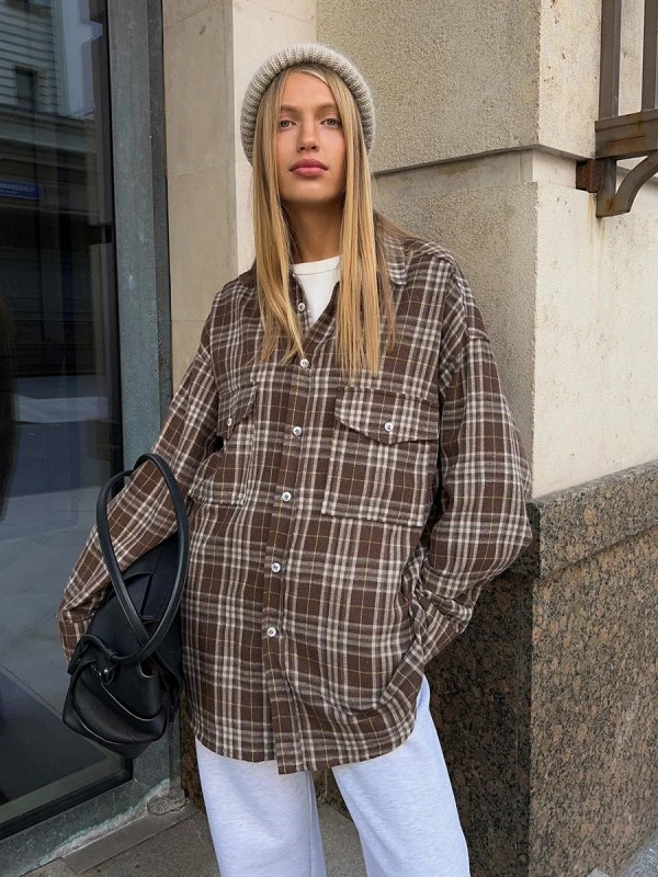 bornladies 2025 vintage loose plaid women's shirt fashion lapel long sleeve office lady shirts and blouses tops female clothing Bornladies 2025 Vintage Loose Plaid Women\'S Shirt Fashion Lapel Long Sleeve Office Lady Shirts And Blouses Tops Female Clothing