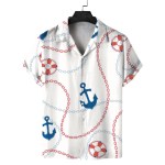 Men\'s Summer Cuban Collar Short Sleeve Shirt Navy Nautical Style Printing Casual Comfortable Versatile 2