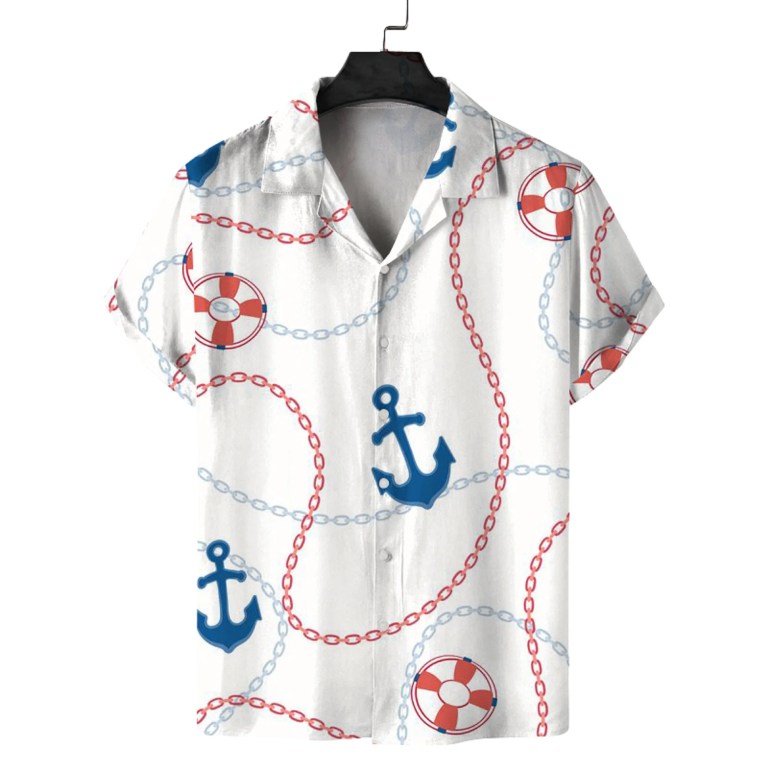 Men\'s Summer Cuban Collar Short Sleeve Shirt Navy Nautical Style Printing Casual Comfortable Versatile 2