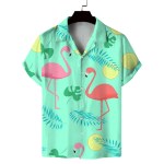Men\'s summer Cuban collar short-sleeved shirt with summer style flamingo print men\'s shirt comfortable, breathable and versatile 3