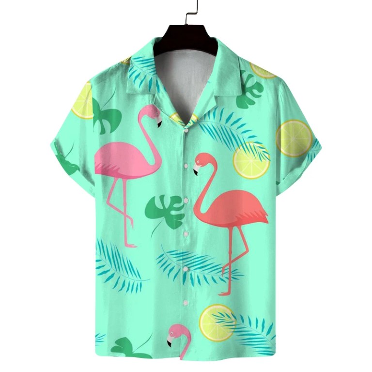 Men\'s summer Cuban collar short-sleeved shirt with summer style flamingo print men\'s shirt comfortable, breathable and versatile 3