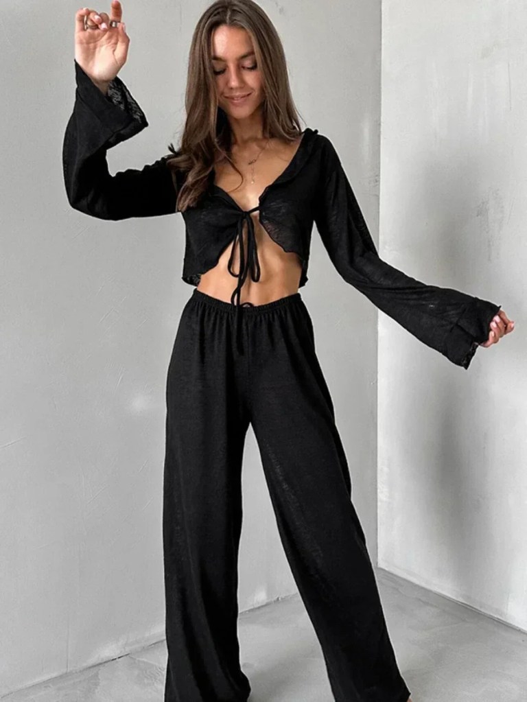 Bornladies Women\'s Summer Lace Up Loose Casual Long Sleeved Pants Set Fashion Home Clothes Sexy Solid Color Basic Pajamas Set