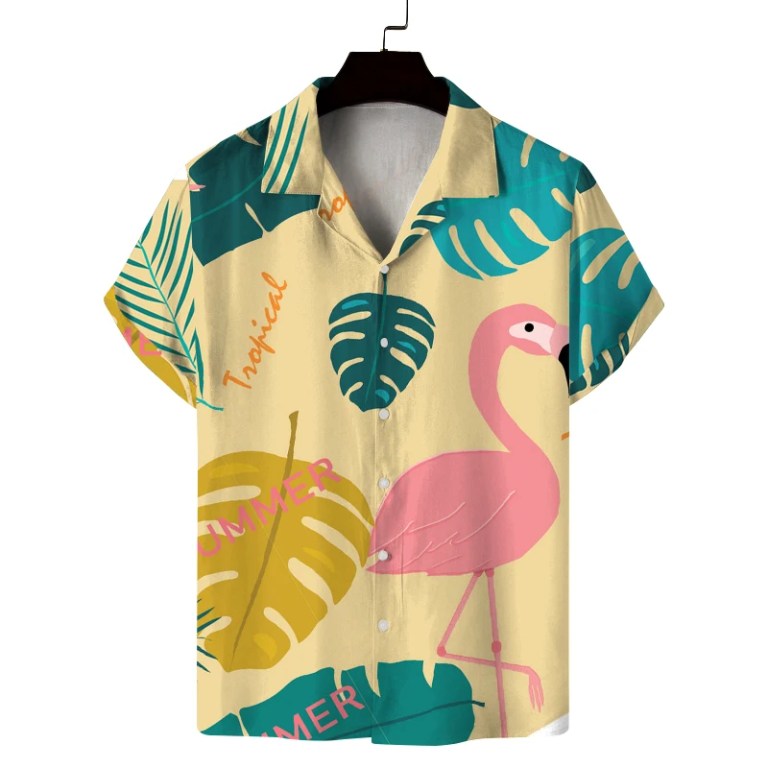 Men\'s summer Cuban collar short-sleeved shirt with summer style flamingo print men\'s shirt comfortable, breathable and versatile 6