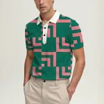 Men\'s Summer Short-Sleeve Polo Shirt, Stylish Collared Printed Button-Up Top, Casual and Comfortable 4