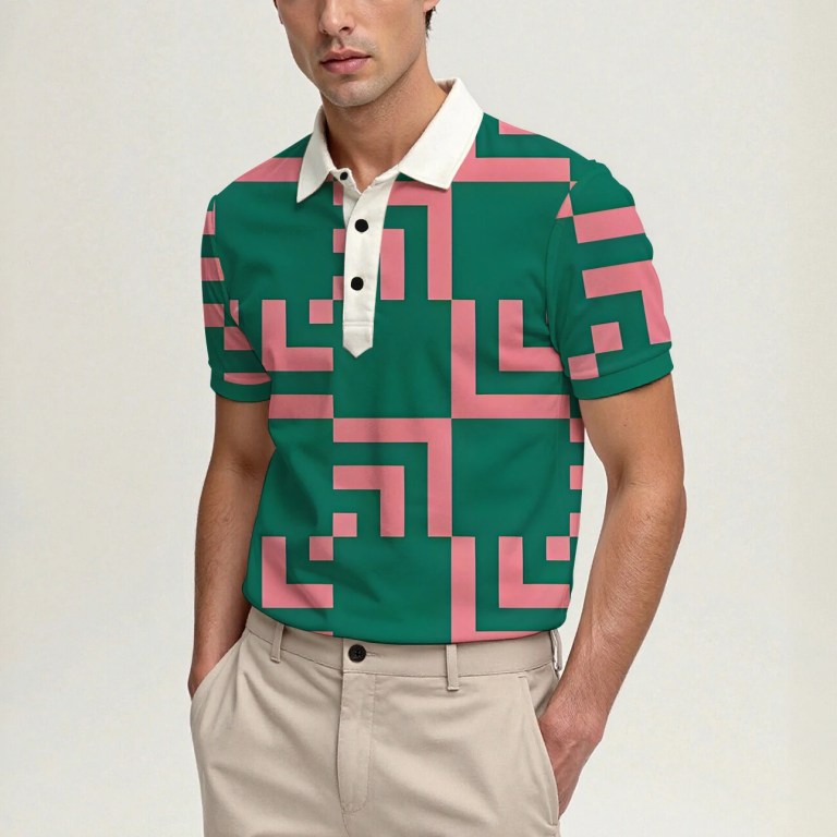 Men\'s Summer Short-Sleeve Polo Shirt, Stylish Collared Printed Button-Up Top, Casual and Comfortable 4