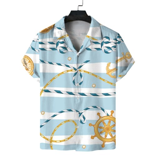 Men\'s Summer Cuban Collar Short Sleeve Shirt Navy Nautical Style Printing Casual Comfortable Versatile