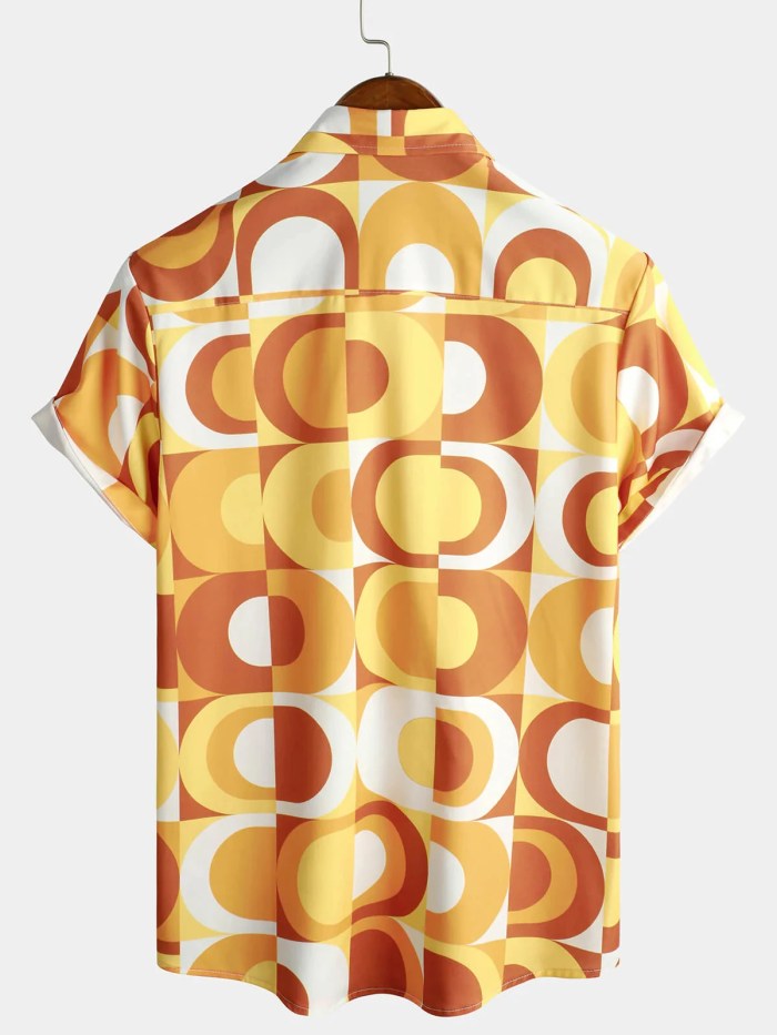 Mens Summer Retro Button Down Vintage Orange 70s Geometric Disco Summer Beach Cool Short Sleeve Shirt 2
