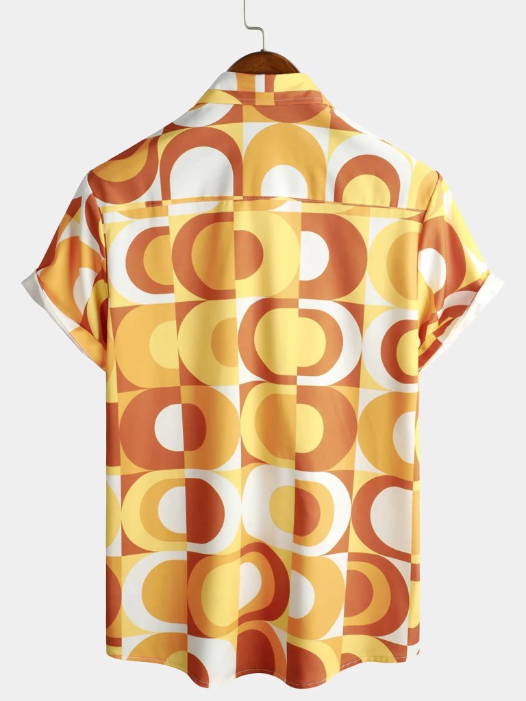 Mens Summer Retro Button Down Vintage Orange 70s Geometric Disco Summer Beach Cool Short Sleeve Shirt 2