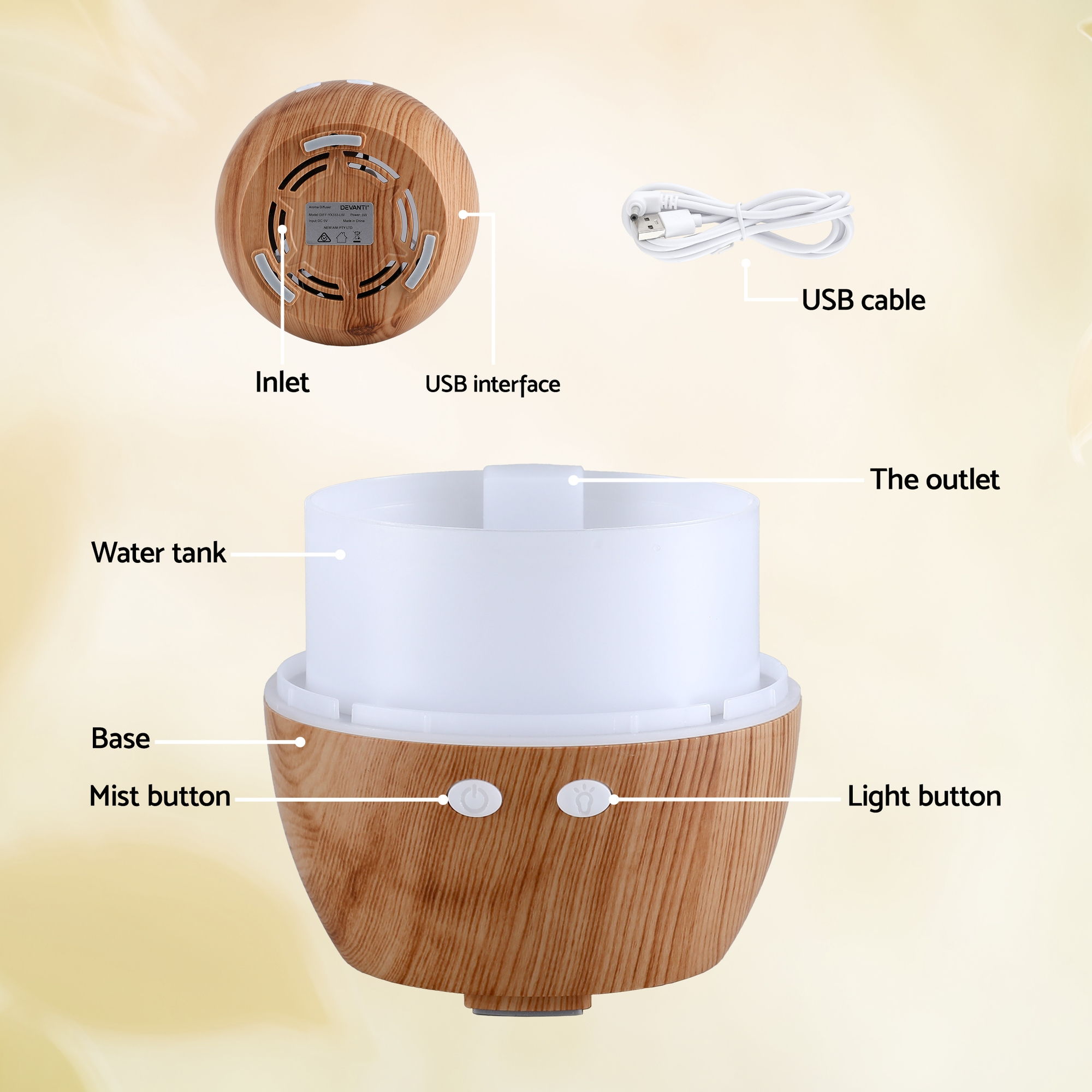 devanti ultrasonic aroma diffuser aromatherapy 130ml led lights iron humidifier forest