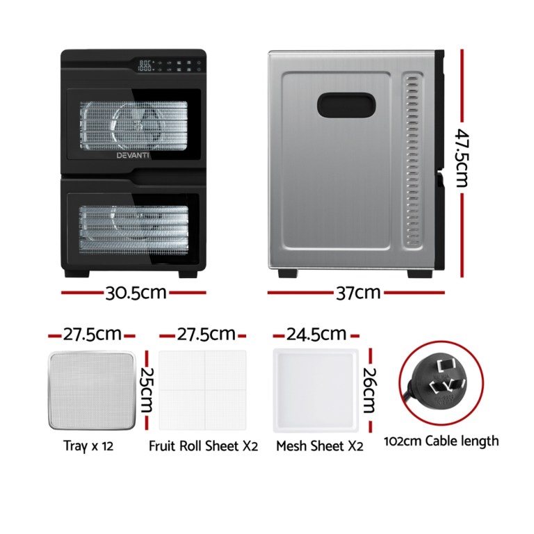 devanti 12 trays food dehydrator dual zone stainless steel fruit jerky dryer