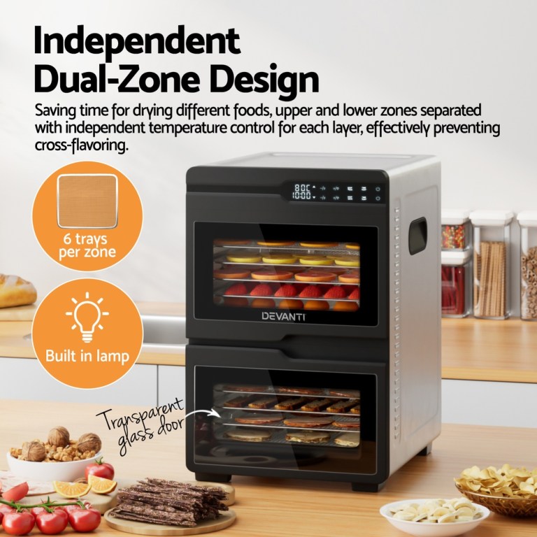 devanti 12 trays food dehydrator dual zone stainless steel fruit jerky dryer