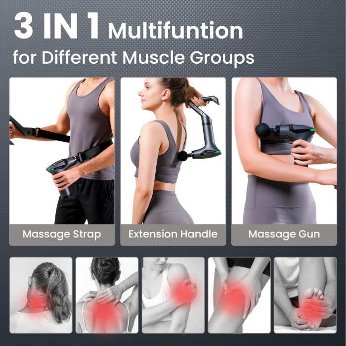 black 3 in 1 massage gun with extendable handle & back strap – 12 speed deep tissue muscle massager, 4 attachments, usb c charging, for athletes, gym recovery & seniors
