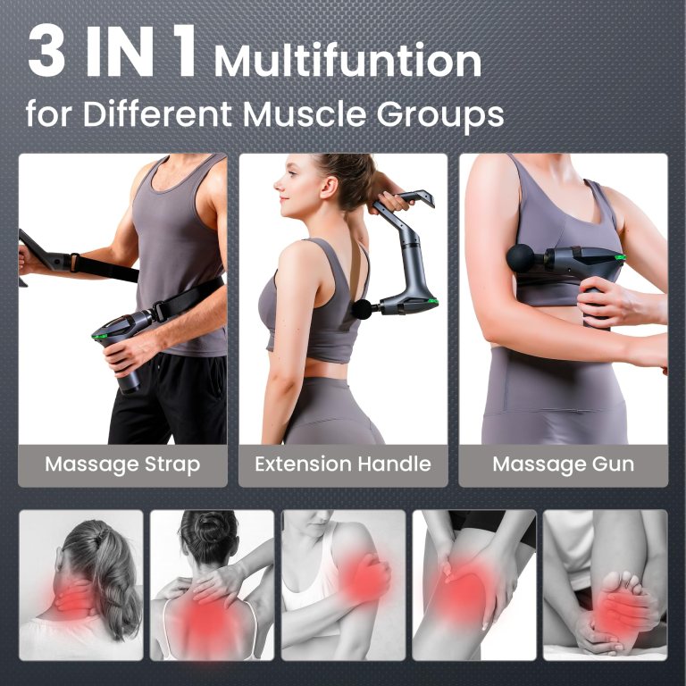black 3 in 1 massage gun with extendable handle & back strap – 12 speed deep tissue muscle massager, 4 attachments, usb c charging, for athletes, gym recovery & seniors