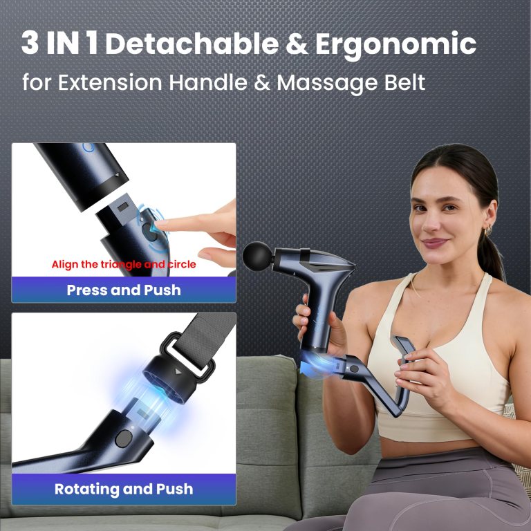 black 3 in 1 massage gun with extendable handle & back strap – 12 speed deep tissue muscle massager, 4 attachments, usb c charging, for athletes, gym recovery & seniors