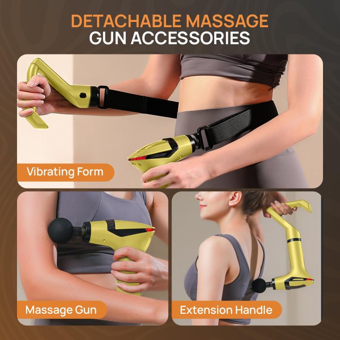 yellow 3 in 1 massage gun with extendable handle & back strap – 12 speed deep tissue muscle massager, 4 attachments, usb c charging, for athletes, gym recovery & seniors | black available in store