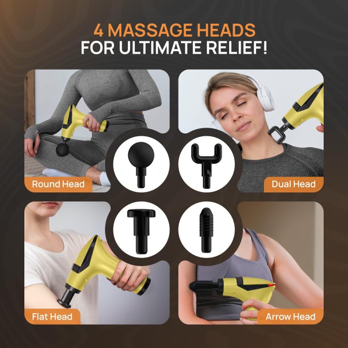 yellow 3 in 1 massage gun with extendable handle & back strap – 12 speed deep tissue muscle massager, 4 attachments, usb c charging, for athletes, gym recovery & seniors | black available in store