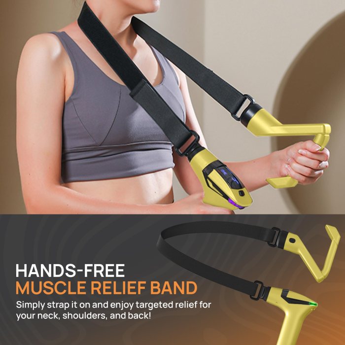 yellow 3 in 1 massage gun with extendable handle & back strap – 12 speed deep tissue muscle massager, 4 attachments, usb c charging, for athletes, gym recovery & seniors | black available in store