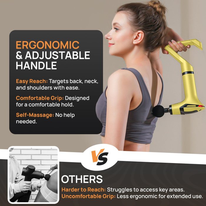yellow 3 in 1 massage gun with extendable handle & back strap – 12 speed deep tissue muscle massager, 4 attachments, usb c charging, for athletes, gym recovery & seniors | black available in store