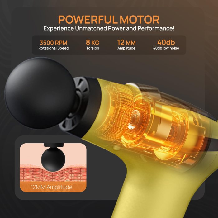 yellow 3 in 1 massage gun with extendable handle & back strap – 12 speed deep tissue muscle massager, 4 attachments, usb c charging, for athletes, gym recovery & seniors | black available in store