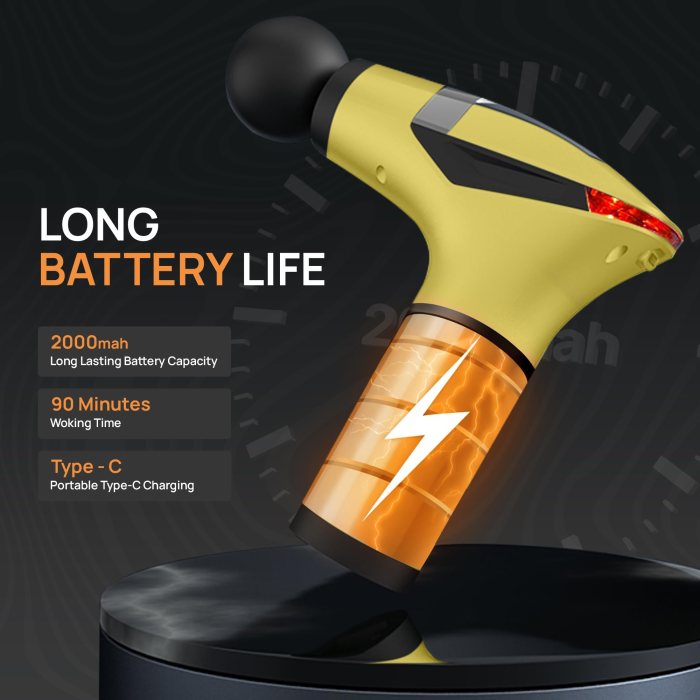 yellow 3 in 1 massage gun with extendable handle & back strap – 12 speed deep tissue muscle massager, 4 attachments, usb c charging, for athletes, gym recovery & seniors | black available in store