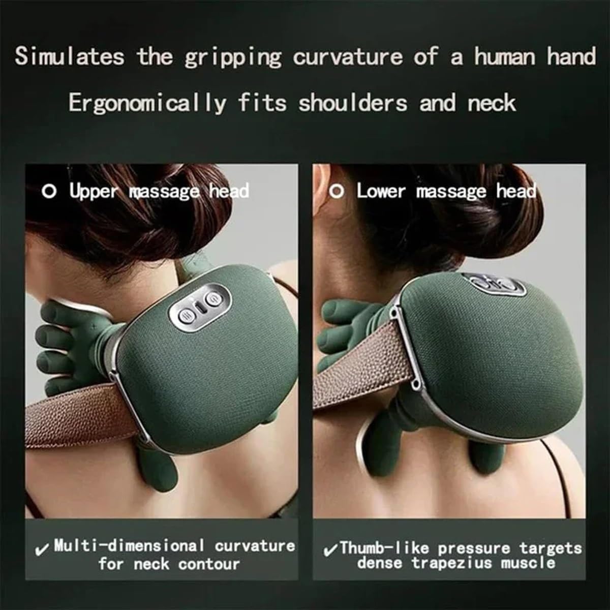massager, real hand simulation shiatsu deep tissue electric massager for neck, back & shoulders, 3d kneading, 3 speed adjustable usb rechargeable (green)