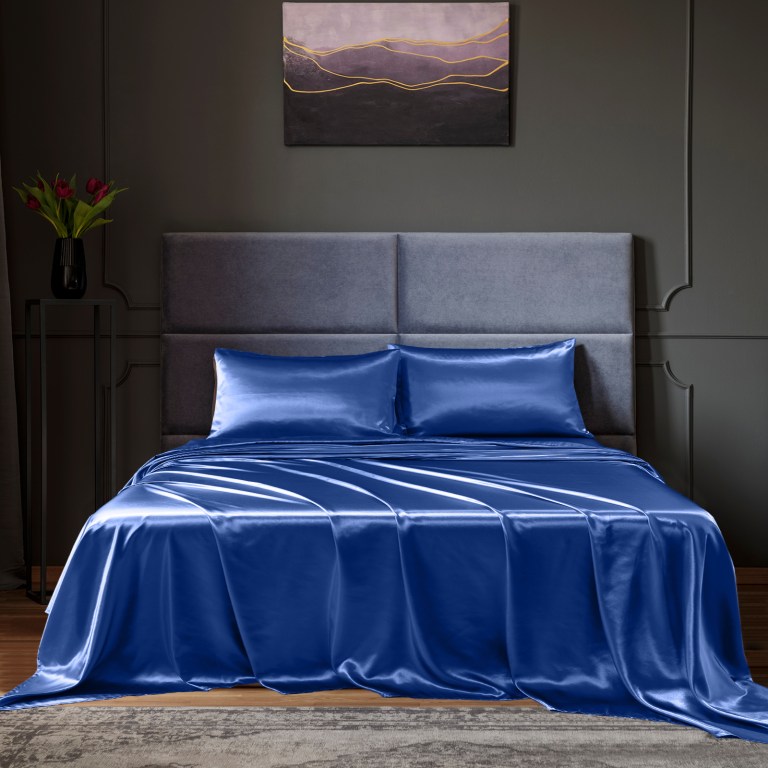 royal comfort satin sheet set 4 piece fitted flat sheet pillowcases king navy blue