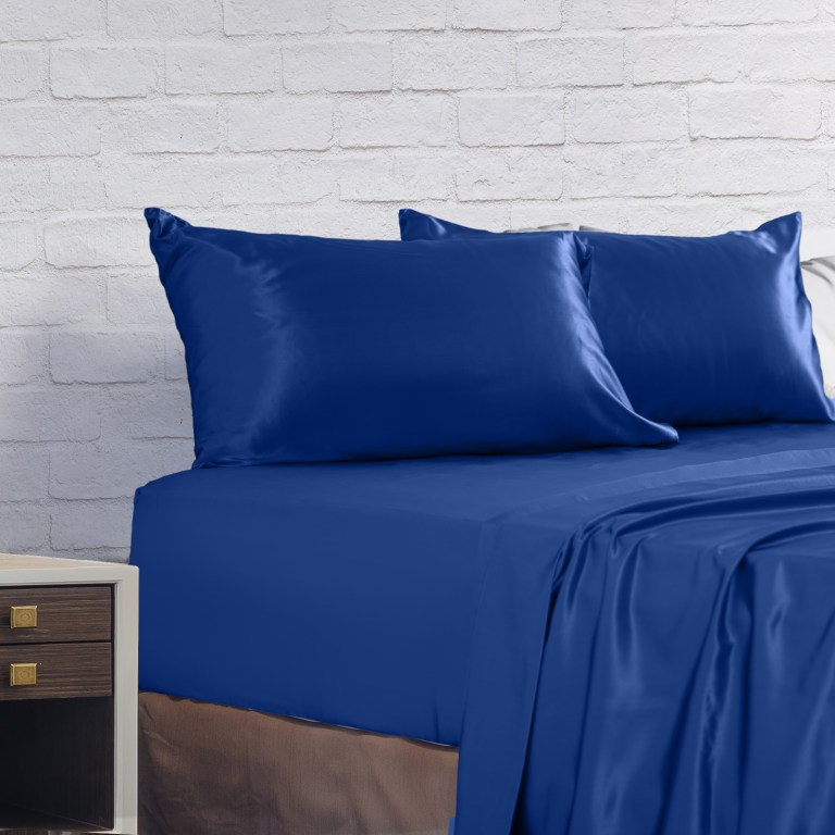 royal comfort satin sheet set 4 piece fitted flat sheet pillowcases king navy blue