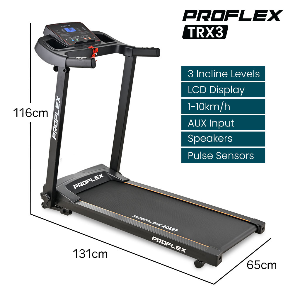proflex trx3 electric treadmill, compact size, foldable, usb/mp3, pulse sensors
