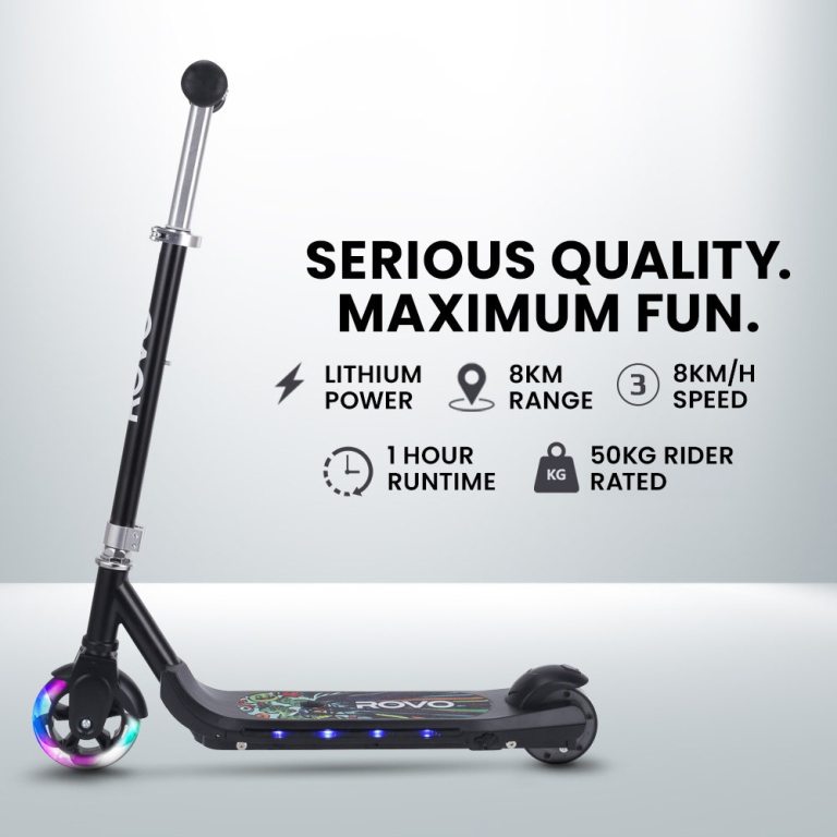 rovo kids whizkid electric scooter, ages 5 11, adjustable height, au compliant, lithium battery, brushless motor, black
