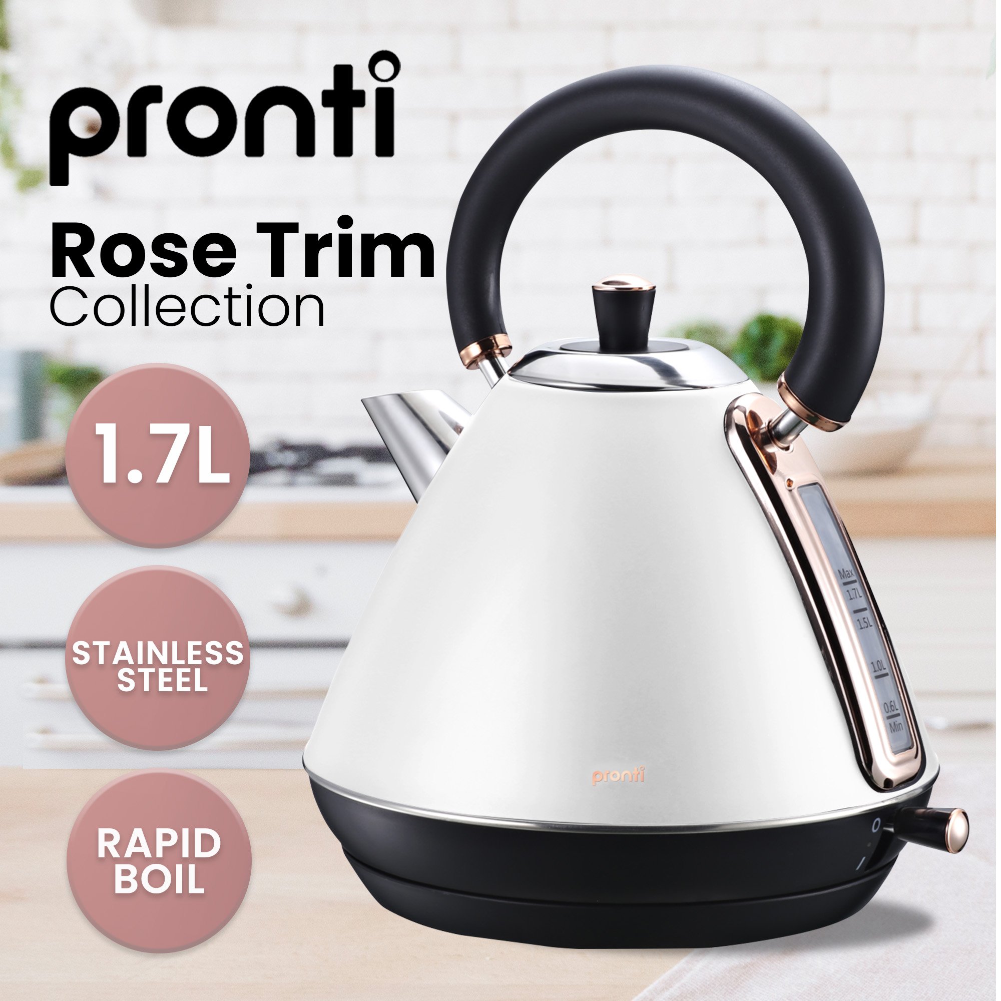 pronti breakfast set with rose gold kettle & toaster with 1.2l espresso machine white