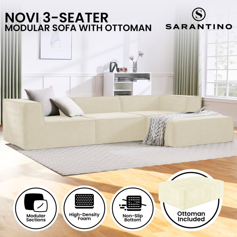 sarantino novi 3 seater modular sofa with ottoman in cream non slip bottom lounge sarantino novi 3 seater modular sofa with ottoman in cream non slip bottom lounge