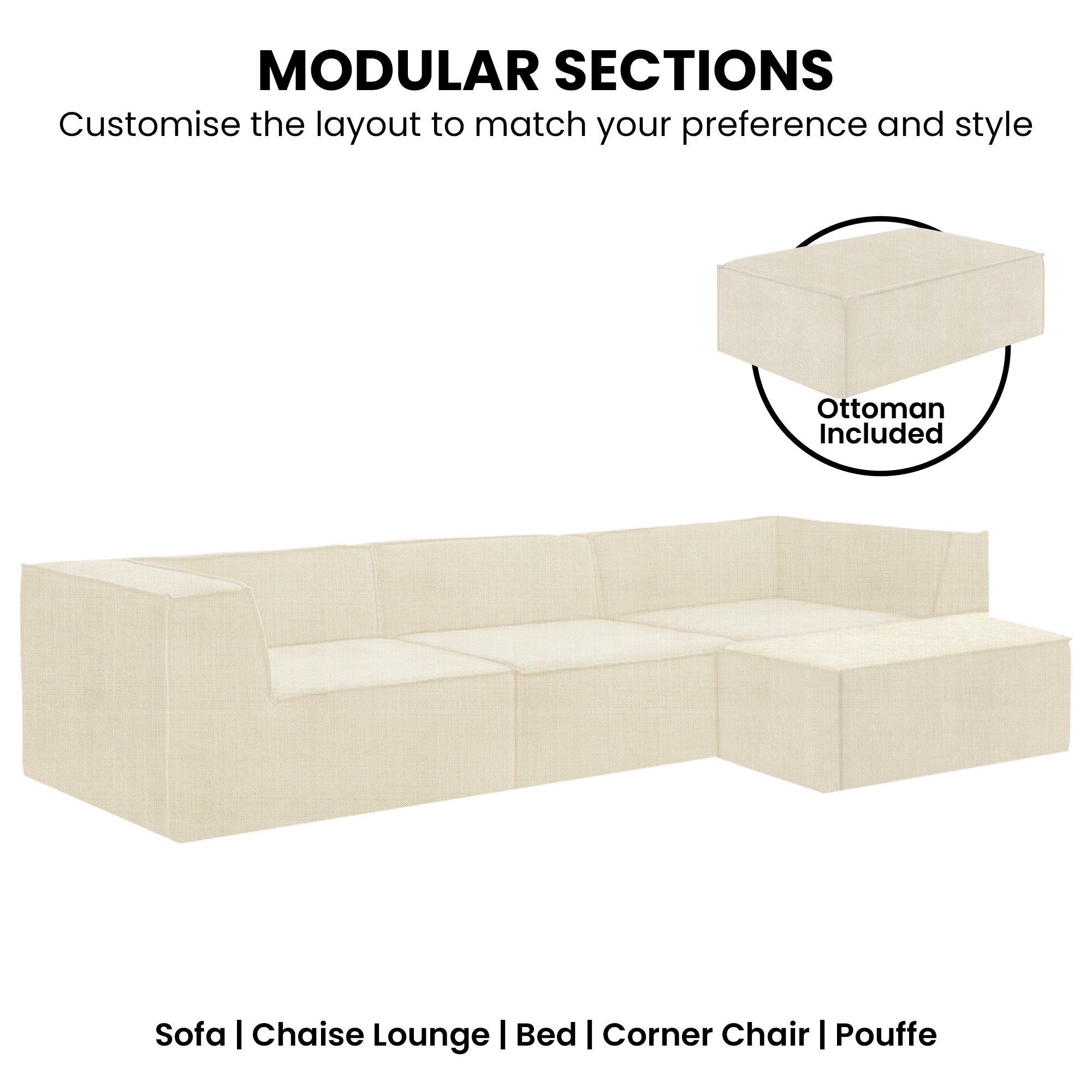 sarantino novi 3 seater modular sofa with ottoman in cream non slip bottom lounge