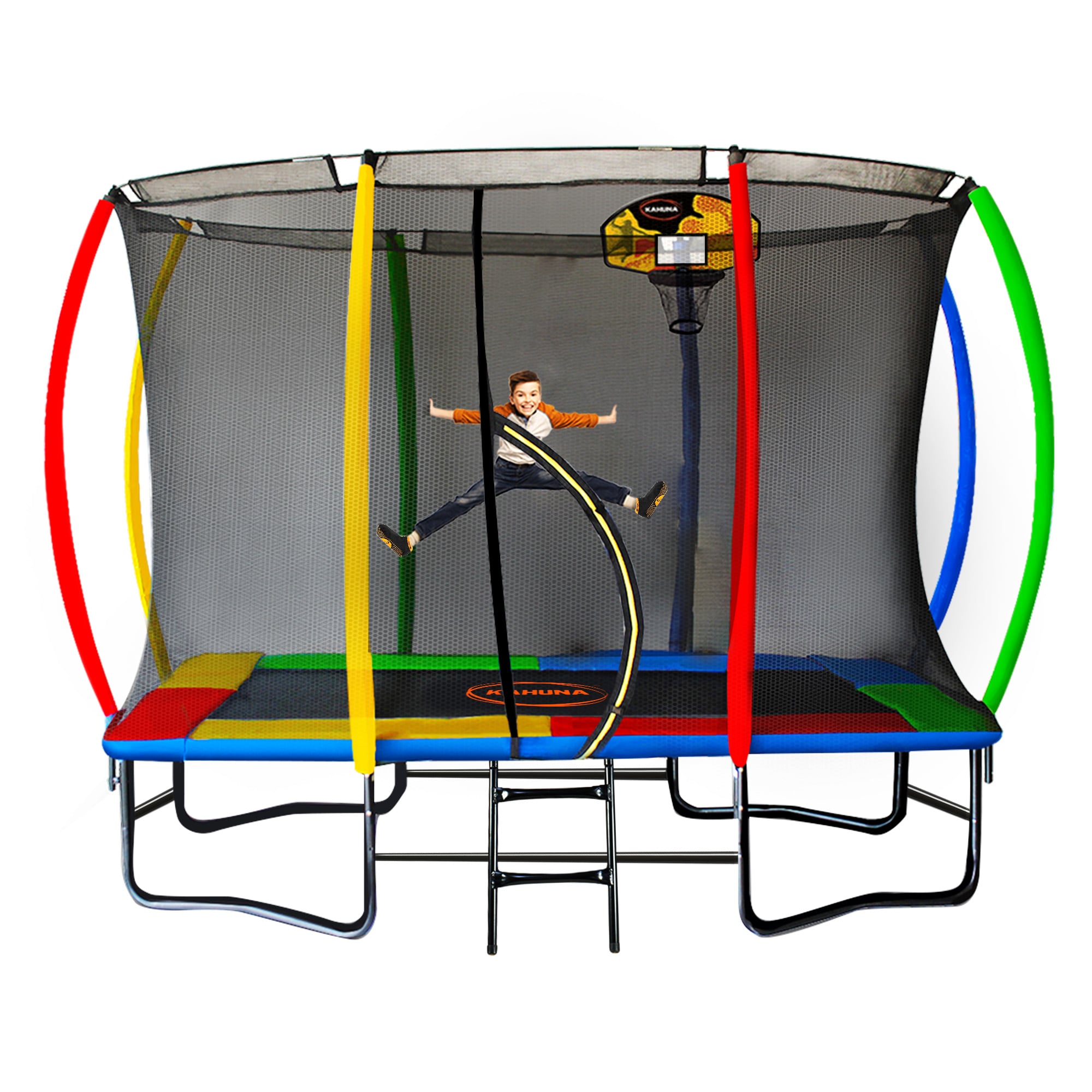 kahuna 6 ft x 9 ft rectangular outdoor trampoline with basketball set rainbow