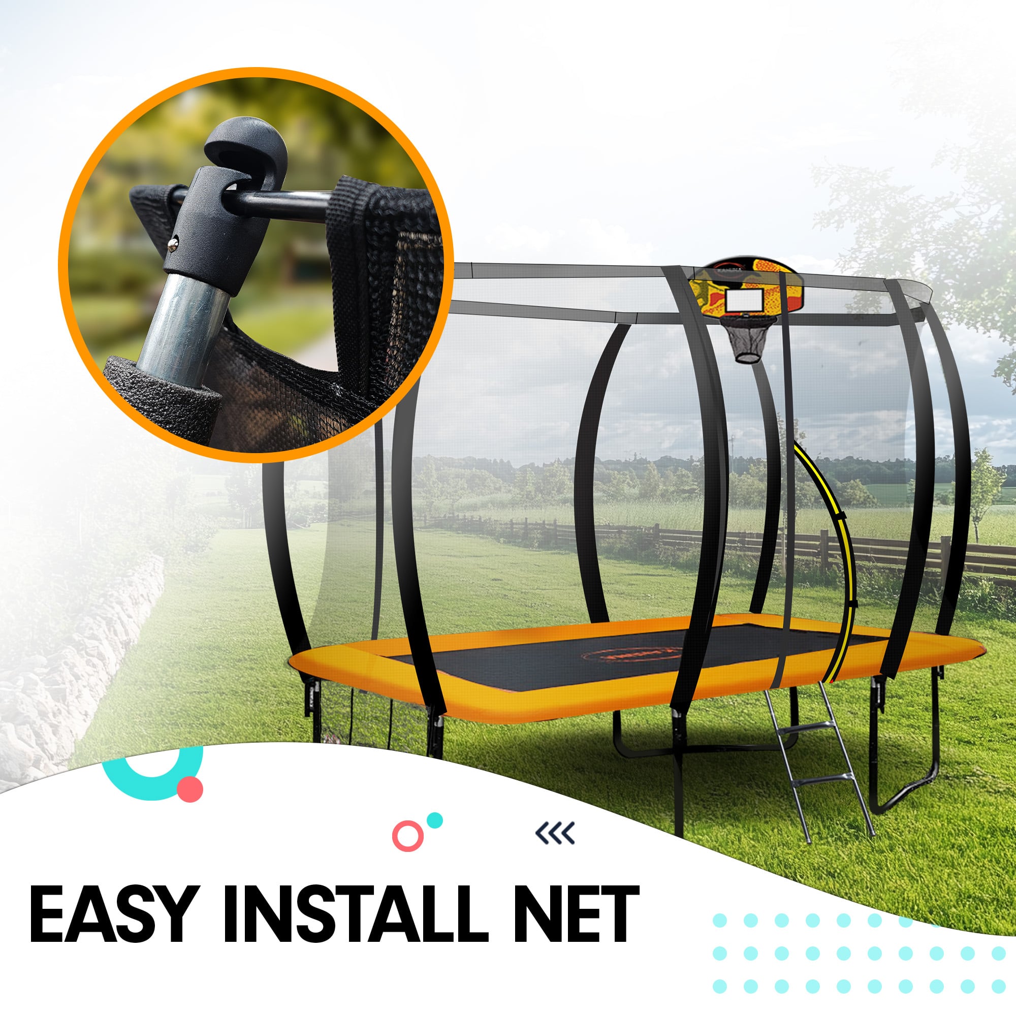 kahuna 6 ft x 9 ft rectangular outdoor trampoline with basketball set rainbow