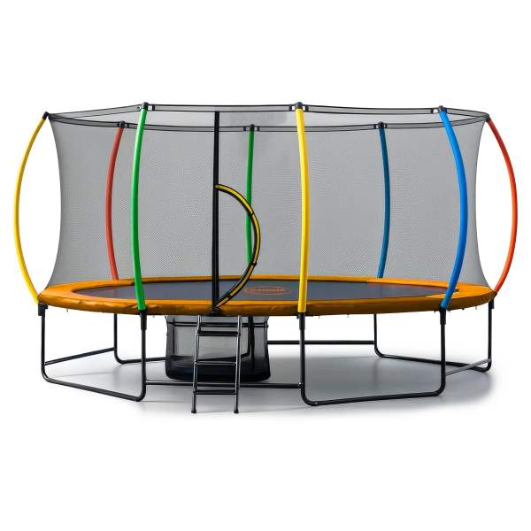 kahuna 10 ft x 15 ft oval outdoor trampoline with reversible rainbow & orange safety pad safety net and ladder