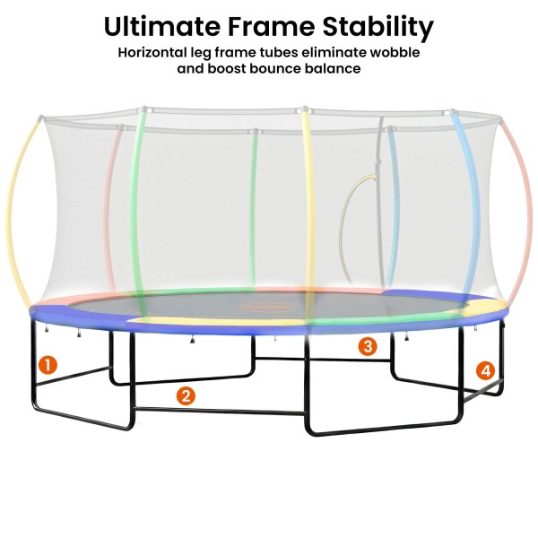 kahuna 10 ft x 15 ft oval outdoor trampoline with reversible rainbow & orange safety pad safety net and ladder