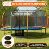 kahuna 10 ft x 15 ft oval outdoor trampoline with reversible rainbow & orange safety pad safety net and ladder