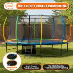 kahuna 10 ft x 15 ft oval outdoor trampoline with reversible rainbow & orange safety pad safety net and ladder kahuna 10 ft x 15 ft oval outdoor trampoline with reversible rainbow & orange safety pad safety net and ladder