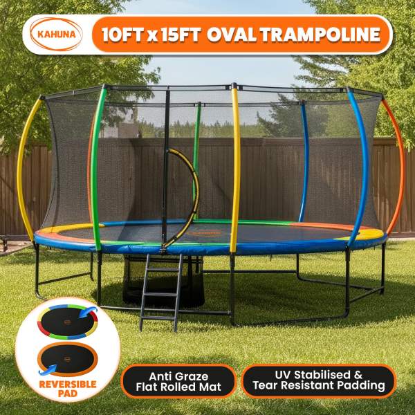 kahuna 10 ft x 15 ft oval outdoor trampoline with reversible rainbow & orange safety pad safety net and ladder