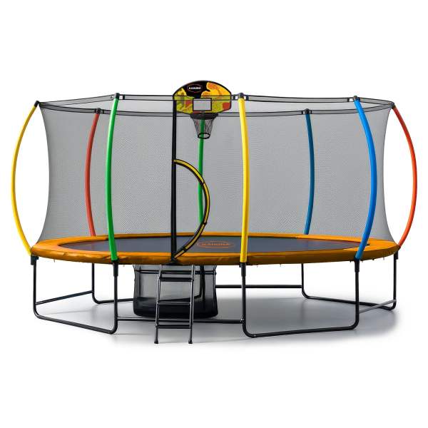 kahuna 10 ft x 15 ft oval outdoor trampoline w/ basketball set reversible rainbow & orange safety pad safety net ladder kahuna 10 ft x 15 ft oval outdoor trampoline w/ basketball set reversible rainbow & orange safety pad safety net ladder